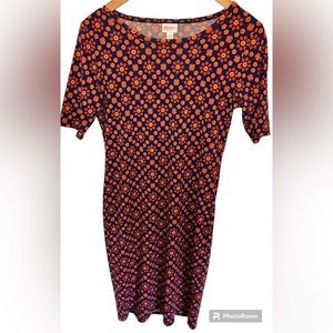 Lularoe Womens Julia Dress in Blue/ Orange/ Mustard Medallion Print Sz M